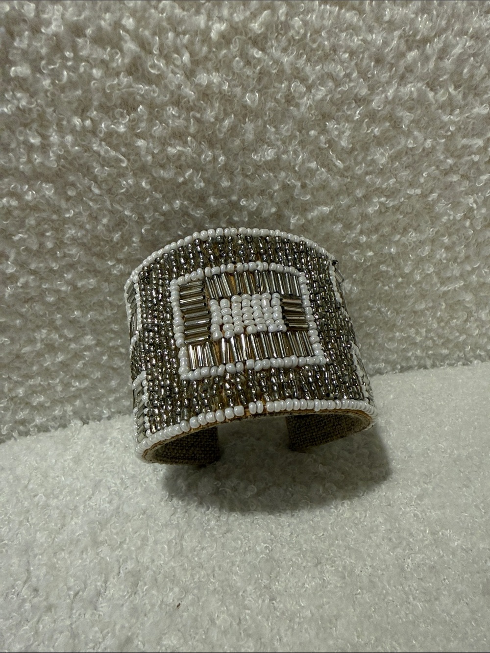 Beaded White and Silver Cuff Bracelet